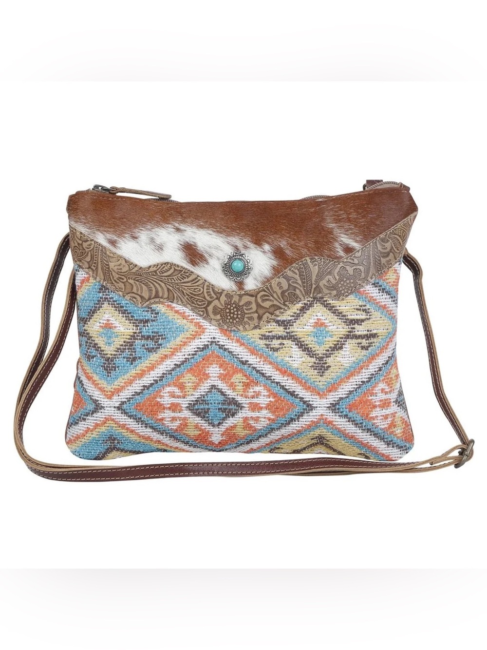 $75 NWOT Myra Bag cheeky western hair on hide turquoise rug crossbody bag